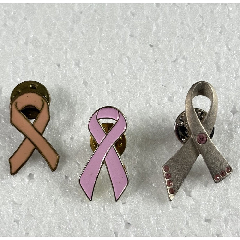 Lot 3 VTG Pink Ribbon Awareness Pins Breast Cancer Support Enamel &‎ Rhinestone